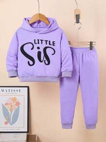 SHEIN Nhỏ bé Cô gái áo có mũ In thư Tay áo dài Bộ đồ thể thao Cho mùa xuân Và Mùa thu - Màu tím - Xem 1