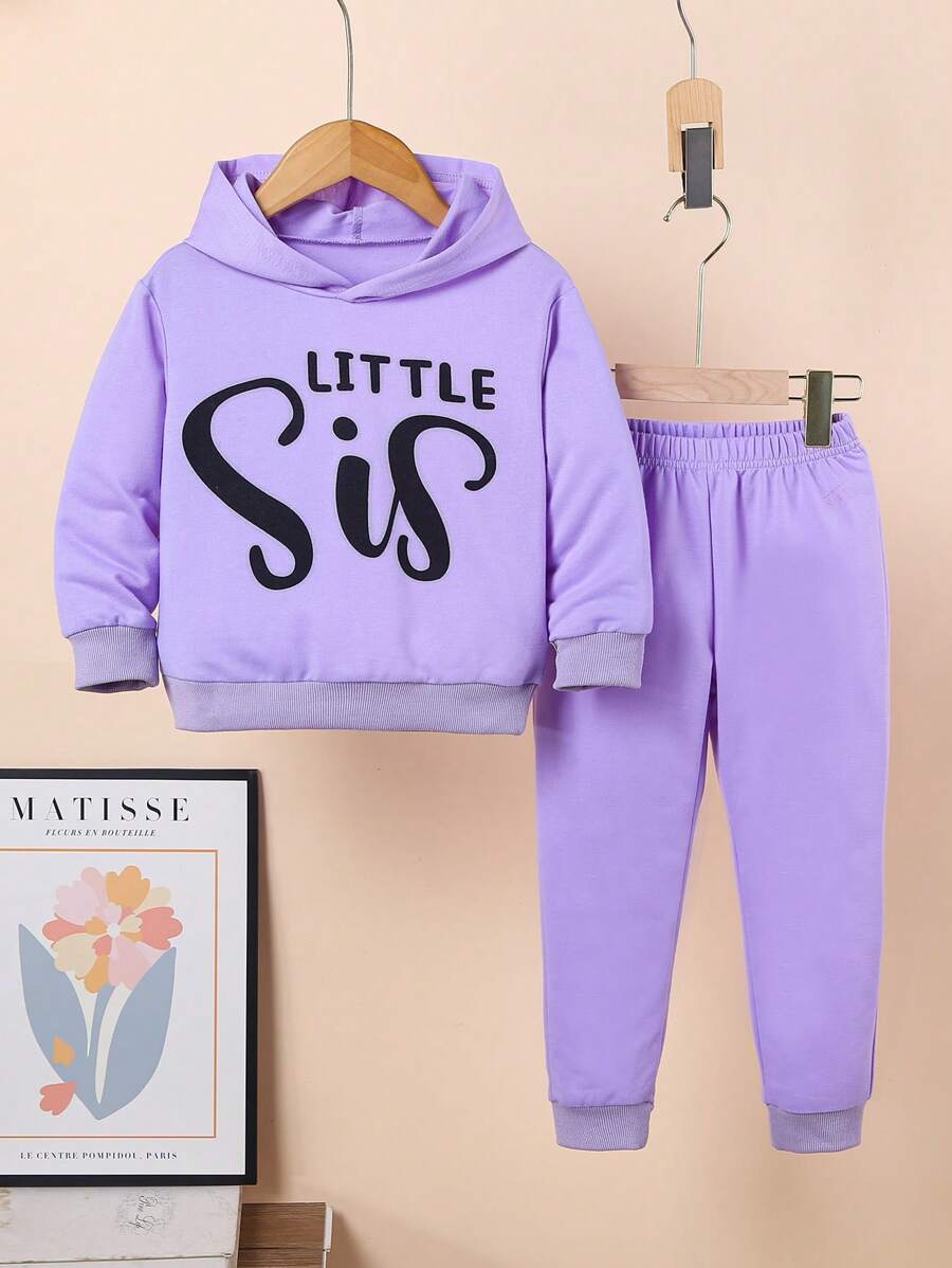 SHEIN Nhỏ bé Cô gái áo có mũ In thư Tay áo dài Bộ đồ thể thao Cho mùa xuân Và Mùa thu - Màu tím - Xem 1