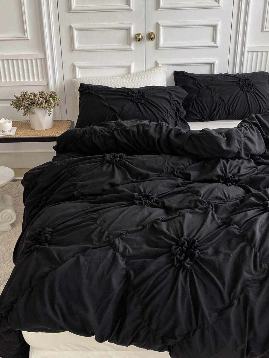 3pcs Black Ruffle Flower Polyester Quilt Cover Set, Luxury Minimalist Fashion Bedding Set Suitable For All Seasons