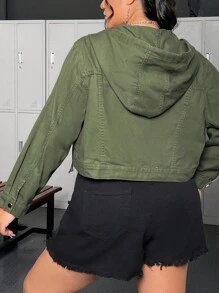 SHEIN EZwear Women's Plus Size Green Denim Jacket With Hood - Army Green - View 2