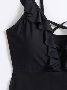 SHEIN Swim 夏季黑色网眼连体泳衣 - 黑色 - 查看 7