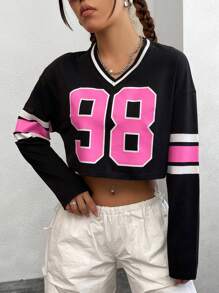 SHEIN EZwear Oversized Number Print Colorblock Cropped T-Shirt - Multicolor - View 1