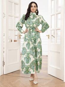 Elegant Stand Collar Floral Printed Shirt Dress With Belt For Women, Arabian Style