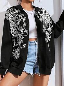 Của phụ nữ Retro Cánh & Vượt qua In Dây kéo phía trước Hoodie - màu đen - Xem 1