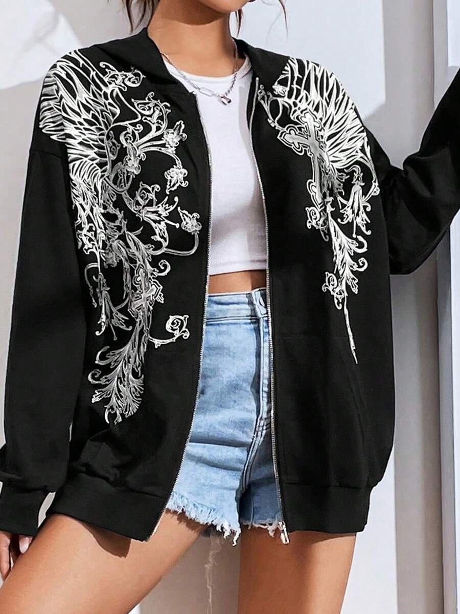 Của phụ nữ Retro Cánh & Vượt qua In Dây kéo phía trước Hoodie - màu đen - Xem 1