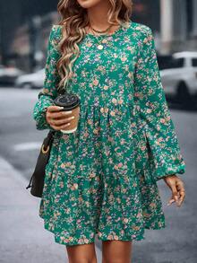 SHEIN Clasi Floral Printed Lantern Sleeve Babydoll Dress - Multicolor - View 5