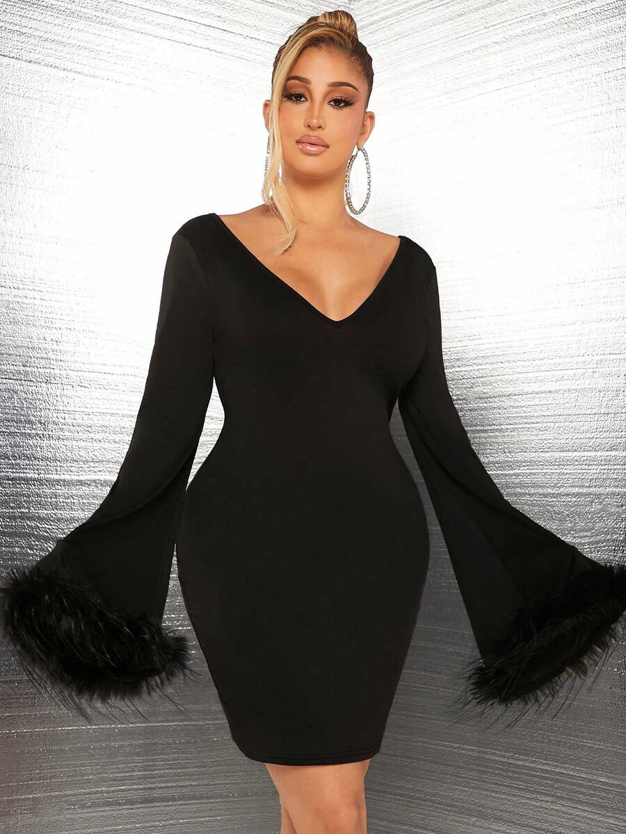 SHEIN SXY Đầm Party Đường viền cổ chữ V Khâu Macrame Bùng nổ Gợi cảm Sheath Đầm - màu đen - Xem 1