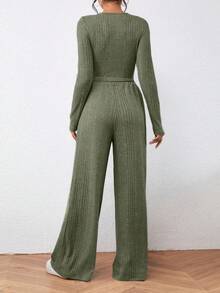 SHEIN Essnce 女士修身剪裁短上衣和褲子套裝 - 綠色 - 查看 2