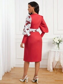 SHEIN Lady Của phụ nữ Váy quấn Với Tay áo đèn lồng , Màu sắc Chặn Và In thực vật - Nhiều màu - Xem 2