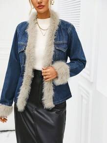 SHEIN Privé Denim Jacket With Fleece Collar, Contrast Stitch, Double Chest Pocket Design - Medium Wash - View 4