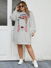 SHEIN LUNE Plus Size Women's Figure Printed Sweatshirt Dress - Grey - View 1