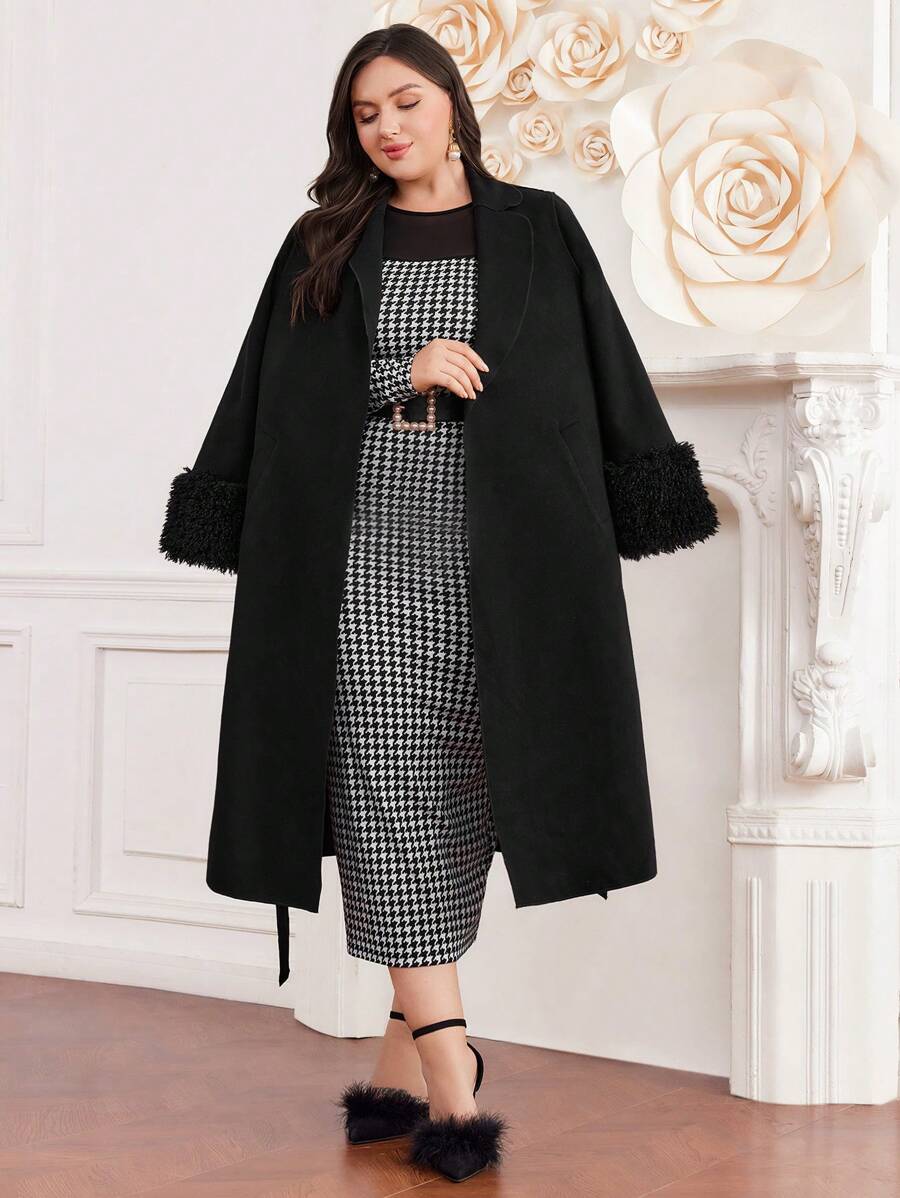 Modelyn Plus Fuzzy Cuff Belted Overcoat - Black - View 1