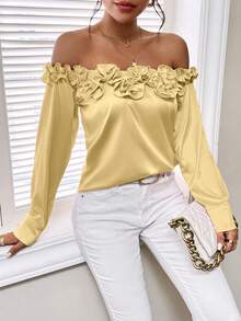 SHEIN Privé 3d Flower Off-shoulder Long Sleeve Shirt - Yellow - View 3