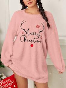 SHEIN Qutie Của phụ nữ Giáng sinh Thêu Khẩu hiệu Đầm nỉ - Hồng - Xem 4