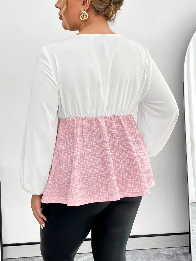 Plus Size Color Block Plaid Patchwork Lantern Sleeve Shirt