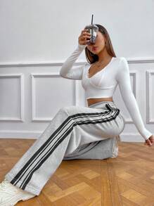 SHEIN Unity Loose Fit Stripe Pattern Straight Leg Athletic Pants - Light Grey - View 5