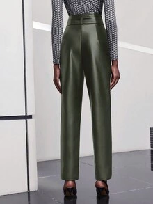 Maija Pu Leather Asymmetrical Waist Straight Pants - Army Green - View 2