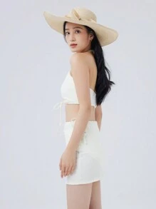 SHEIN Swim 女士白色镂空比基尼套装，配有细肩带和系带，适合夏季海滩 - 米色 - 查看 2