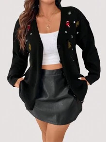 Celure Plus Christmas Star Embroidery Drop Shoulder Cardigan