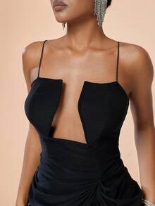 Solid Cut Out Front Ruched Split Thigh Cami Dress - Black - View 4
