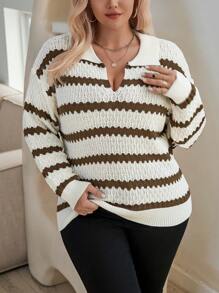 Calvaya 大码条纹落肩套头毛衣针织衫秋冬毛衣 - 杏色 - 查看 4