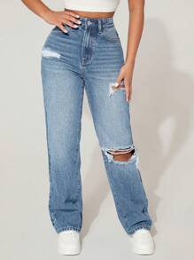 SHEIN EZwear 女士破洞保暖内衬拉绒面料保暖牛仔裤加厚牛仔布 - 藍色 - 查看 5