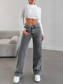 EURMUSE 100%Cotton Snow Wash Straight Leg Jeans - Grey - View 6