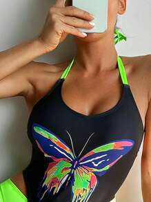 SHEIN Swim 女式夏季沙灘彩色拼接霓虹色連體泳衣，帶蝴蝶印花和頸掛式騎士設計 - 彩色 - 查看 4