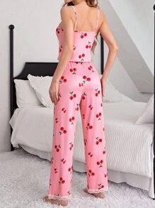 Women's Cherry Print Lace Splicing Pajama Set - Multicolor - View 2