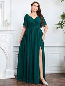 Plus Size Women V-Neck Pleated Chiffon Formal Dress - Dark Green - View 4