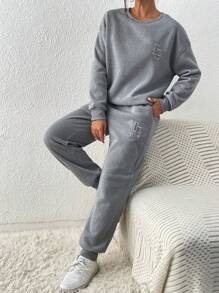 SHEIN Unity Women's Letter Embroidery Drop Shoulder Sweatshirt And Pants Set - Grey - View 1