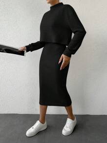 Women's Stand Collar Ribbed Top And Skirt Set