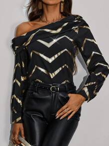 SHEIN Clasi 不對稱領口幾何圖案襯衫 - 黑色 - 查看 1