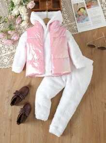 SHEIN Young Girl Cute White Fleece Hoodie And Pants With Pink Quilted Vest Padded Coat 3pcs/Set For Autumn And Winter - Pink - View 1