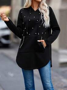 女款抽繩連帽運動衫,袋鼠口袋飾有飾釘 - 黑色 - 查看 7