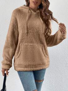 SHEIN EZwear Kangaroo Pocket Drop Shoulder Drawstring Teddy Hoodie - Camel - View 4