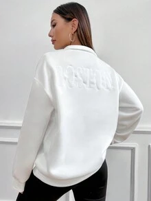 SHEIN Unity Letter Embroidered Stand Collar Sweatshirt - White - View 2