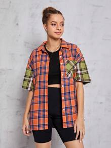 SHEIN 少女款格子拼色短袖襯衫,帶口袋