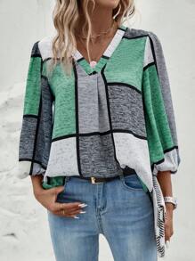 EMERY ROSE Women's Color Block Lantern Sleeve Blouse - Mint Green - View 1