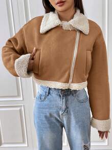 SHEIN EZwear Women's Woven Biker Jacket With Color Block And Turn-Down Collar,Ladies Late Fall Casual Zipper Regular Sleeve Lapel Loose Mocha Brown Colorblock,Plain Women Jackets,Winter Warmth/ Winter Fashion - Mocha Brown - View 4