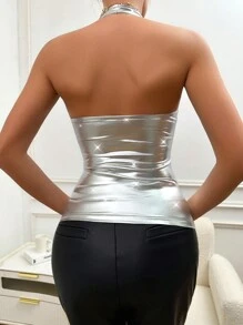 Allurite Women's Metallic Color Halter Slim Fit Top