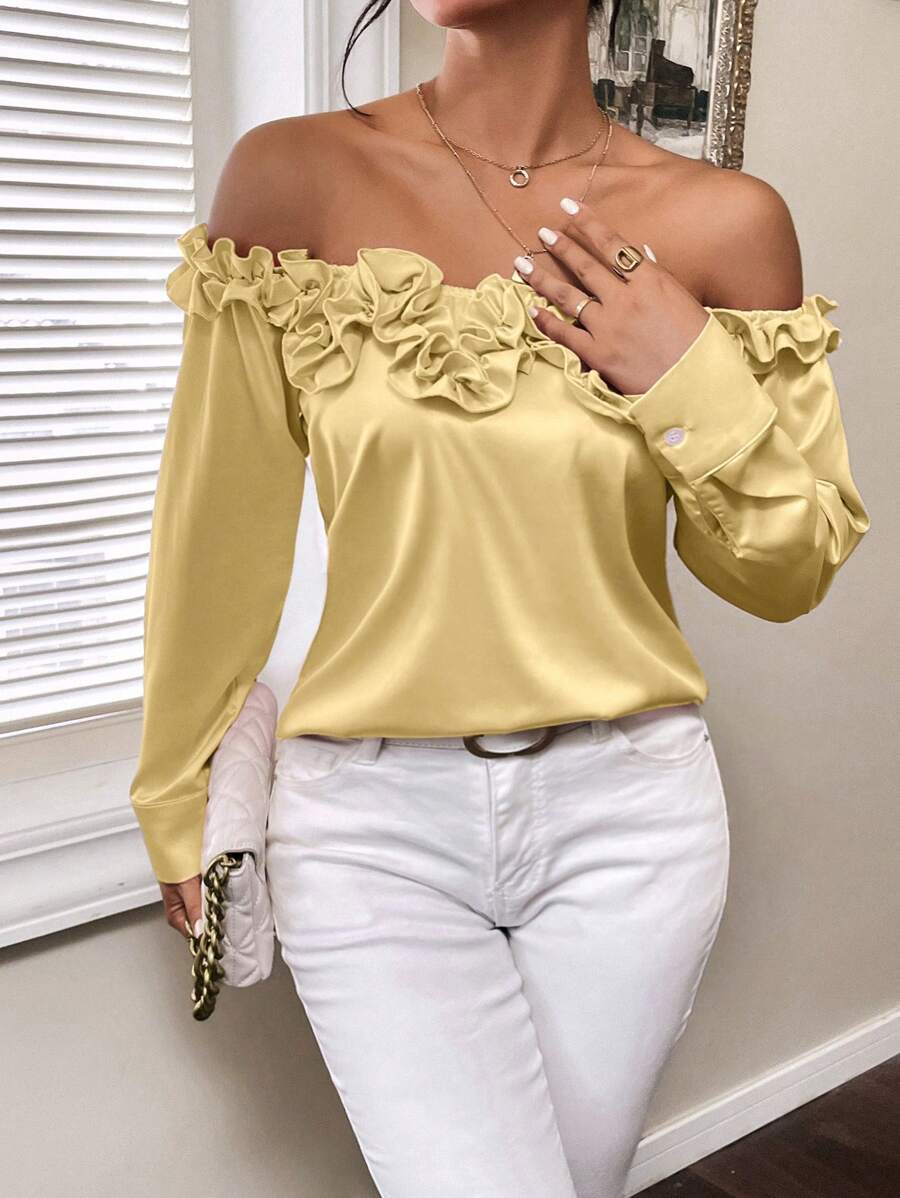 SHEIN Privé 3d Flower Off-shoulder Long Sleeve Shirt - Yellow - View 1