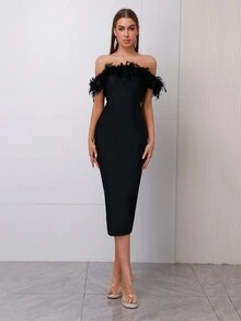 Modphy Fake Feather Strapless Shoulder Bandage, Medium Length Party Dress - Black - View 5