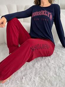 女款字母印花長袖長褲睡衣套裝