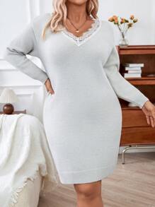 Calvaya Plus Size Women's Lace Hem Sweater Dress