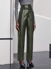 Maija Pu Leather Asymmetrical Waist Straight Pants - Army Green - View 1