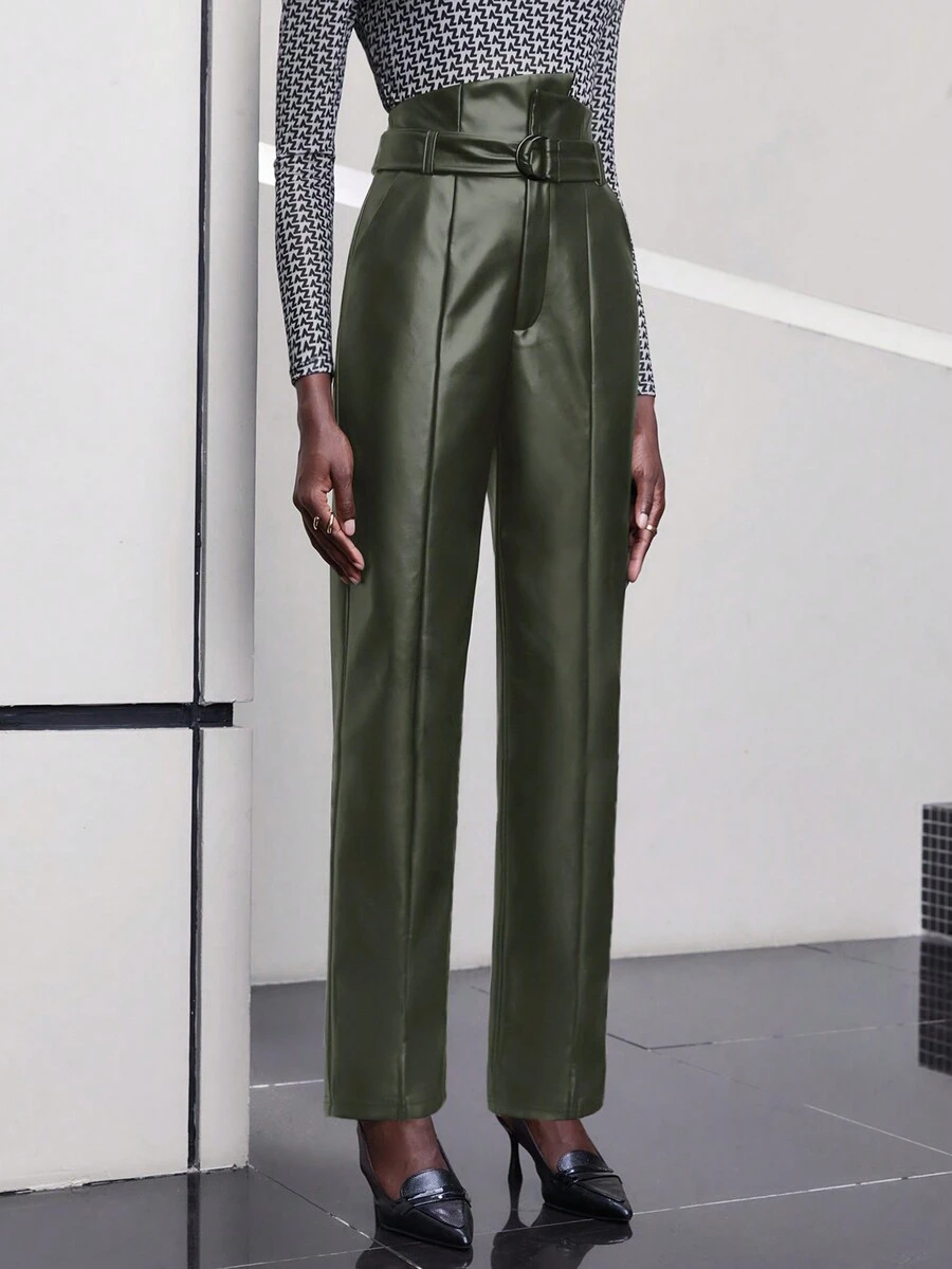 Maija Pu Leather Asymmetrical Waist Straight Pants - Army Green - View 1