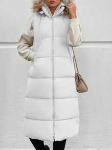 EURMUSE Fuzzy Trim Hooded Puffer Vest Coat - White - View 4