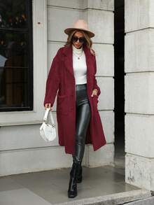 SHEIN Clasi Của phụ nữ Cổ bẻ Phù hợp thường áo Với Túi đôi - Màu Đỏ Sâu - Xem 3