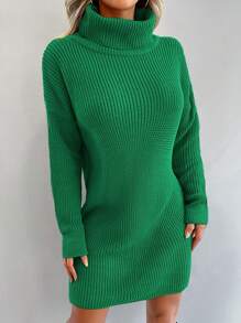 EURMUSE Turtleneck Drop Shoulder Sweater Dress Without Belt - Green - View 6
